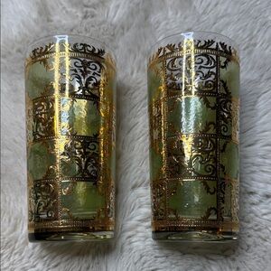 Vintage MCM Prado 1960s Culver Glasses 2, Green & 22k Gold Highball Tumbler